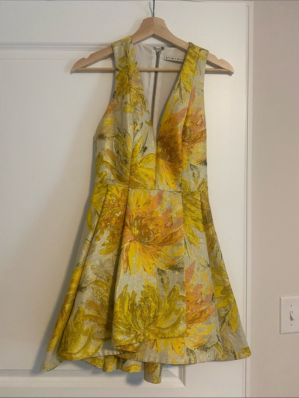 Alice + Olivia Yellow Floral V-Neck Fit & Flare Mini Dress